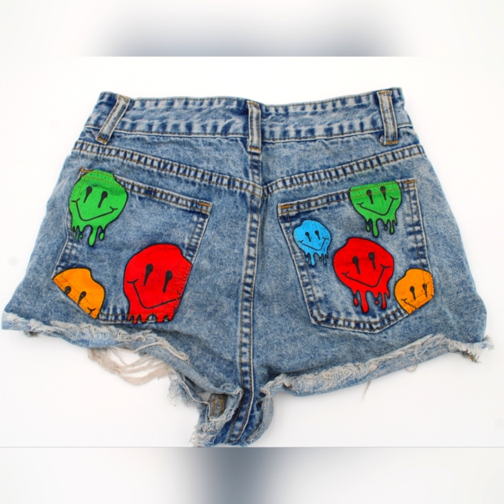 Shein Juniors Blue Stonewash Booty Shorts – XS | Drippy Smiley Face Graphic - Picture 1 of 5